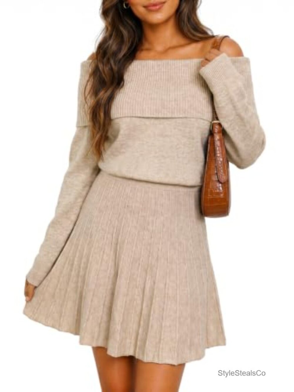 Ribbed Knit Off Shoulder Long Sleeve Mini Sweater Dress Pleated A-Line